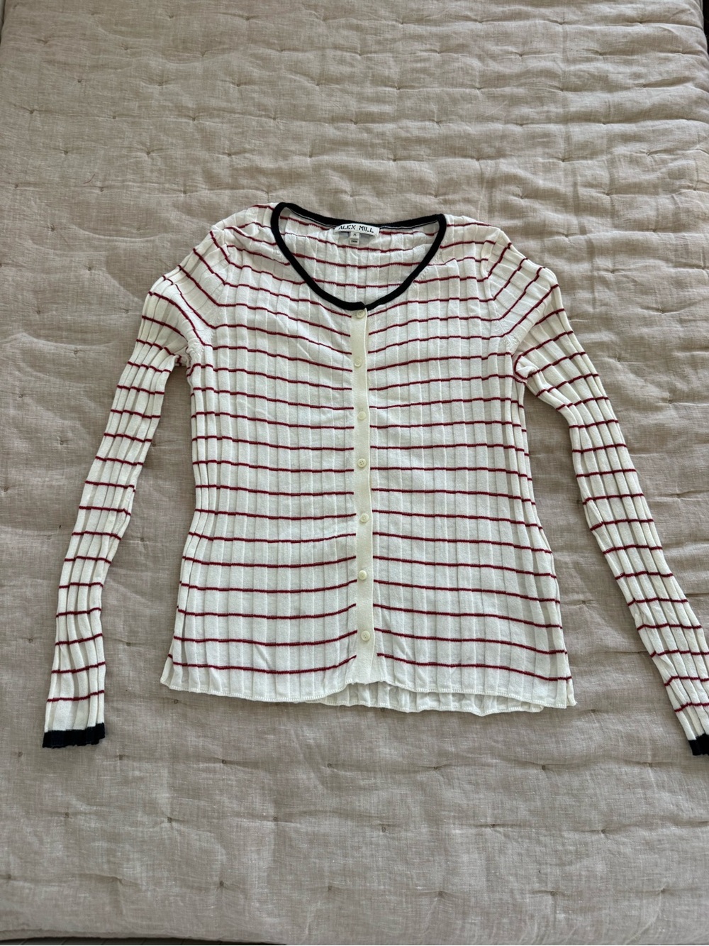 Alex Mill Cerise Cream and Red Striped Button-Front Ribbed Cardigan Size Medium